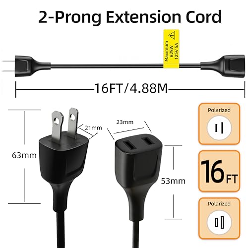 Power Extension Cord Black Polarity Cable Cord Indoor Use with 125V 5A 625W 2-Prong 2 Outlets Ideal for Holiday Lights, Lamps, Security Cameras, Appliance 16FT (1 Pack) - size: 16FT Black (1 Pack)