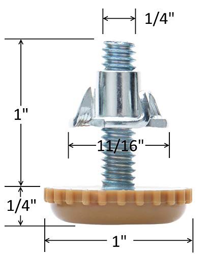 Desunia Medium Duty Nylon Table & Furniture Levelers - 1/4" Threaded Shank w/T-Nuts - 400 Lb. Capacity - Adjusts from 0" to 9/16" - Brown - 4 Pack - color: Brown, size: 4