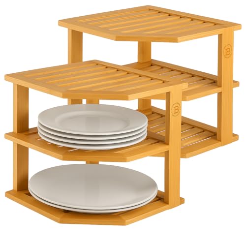 2-Pack Plate Organizer for Cabinet - Bamboo Corner Shelf for Kitchen or Bathroom Storage, Space-Saving Rack for Dishes, Countertop, Cabinet, Pantry - Organization & Housewarming Gift - color: 2-pack