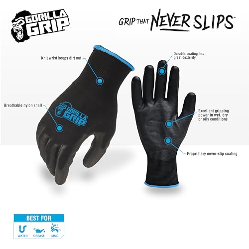 GORILLA GRIP 25053-26 Never Slip, Maxiumum Grip All-Purpose Gloves (Large) - color: Black/Blue, size: Large, style: 1