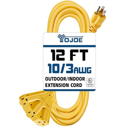 YOJOE 3-Outlet 10 Gauge 12 FT Yellow Extension Cord, 15A SJTW Weatherproof Power Cord for Indoor/Outdoor Use, 3 Prong Grounded Plug, UL Listed - color: Yellow, size: 12 Foot, style: 3-Outlets