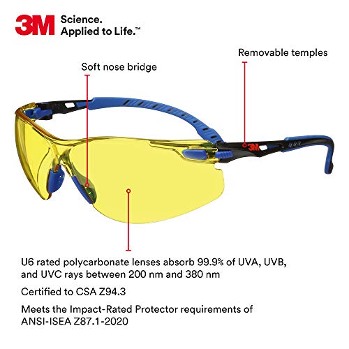 3M Safety Glasses Solus 1000 Series ANSI Z87 Scotchgard Anti-Fog Amber Lens Blue/Black Frame - size: Single, style: Amber Lens, Blue/Black Frame