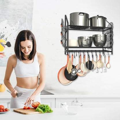 VyGrow 28 Inch Pot Rack Wall Mounted, 2 Tier Pots and Pans Organizer with 20 Hooks and 6 Pot Lid Holders, Heavy Duty Steel Pot and Pan Hanger for Kitchen Cookware Utensils Storage 34.7" Lx13 Wx26.4 H - color: 28"W 2 Tier Black