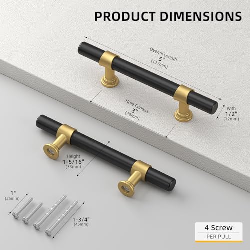 Goldenwarm 10 Pack Black and Gold Cabinet Pulls 3 Inch Matte Black Drawer Pulls Gold Kitchen Cabinet Handles Modern T Bar Hardware for Cupboard Bedroom - color: Black&Gold, size: 3 in Hole Center (76mm)