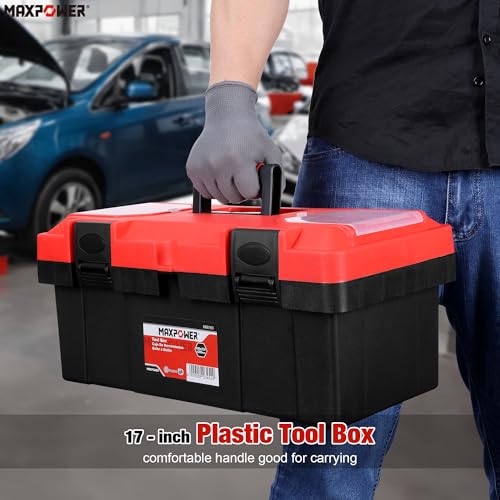 MAXPOWER 17 inch Tool Box, Small Plastic Toolbox with Handle, Removable Tray and Lockable Latches - style: 17" red