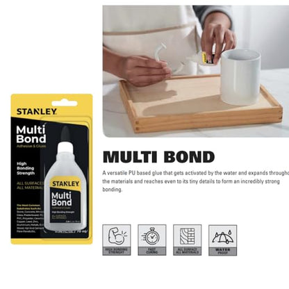 Stanley Multi Bond Polyurethane Adhesive Glue 12 x 2.36 fl oz - Fast Curing for Woodworking, Plastic, Wood, Metal Crafts and Hobby, Clear, 2.36 fl.oz. -12 Pack - size: 12 Pack