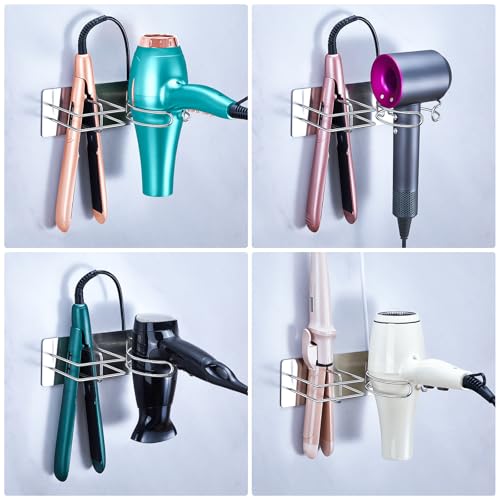 Hair Dryer and Straightener Holder Wall Mounted, Self Adhesive Blow Dryer and Flat Iron Storage Hair Tool Organizer for Bathroom Vanity (Silver) - color: Silver