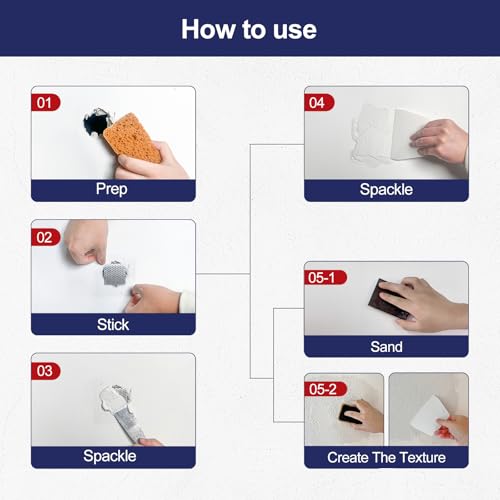 17.2oz Drywall Patch Repair Kit - Professional All-in-1 Tool Set (Scrapers/Sanding Sponge/Texture Sponge/Gloves/ Aluminum Patches/Putty Knife) for Fast Wall Hole Repair