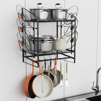 VyGrow 17 Inch Pot Rack Wall Mounted, 2 Tier Pots and Pans Organizer with 10 Hooks and 6 Pot Lid Holders, Heavy Duty Steel Pot and Pan Hanger for Kitchen Cookware Utensils Storage 24" Lx13 Wx20.5 H - color: 17"W 2 Tier Black