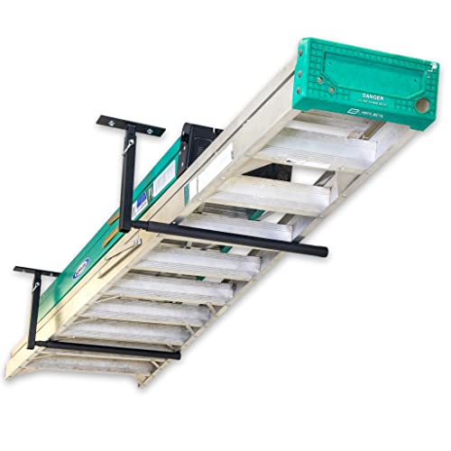 StoreYourBoard Adjustable Overhead Ladder Rack – Garage Organizer Ladder Shelf for Step & Extension Ladders - Storage Racks and Shelving for Garage Organization - Ceiling Mounted - Holds 75 lbs - size: Single