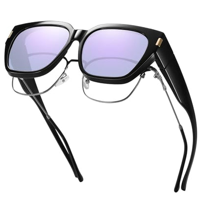 HAOLOTA Polarized Fit Over Glasses Sunglasses for Women Men Trendy Square Wrap Around Shades UV Protection - color: L Size 17 Black/Purple