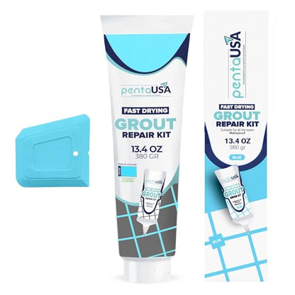 PentaUSA Tile Grout Repair Kit - Blue Premixed Acrylic Sanded Grout, Water-Resistant Grout Filler for Bathroom&Shower, Kitchen Floor, Fast Drying, with Applicator, 13.4 oz (380g) - style: Blue