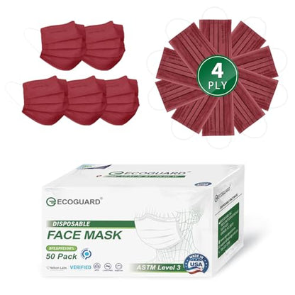 Disposable Face Masks Made in USA, 4 Ply for Families, Students, Breathable All-Day Wear & Safety, FSA HSA Eligible, ASTM Level 3 Medical Grade, 50 Pack, Burgundy - color: Burgundy, size: 50 Pack, style: Resealable Bag