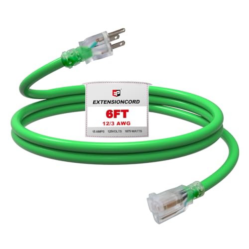 EP 6 Ft Outdoor Extension Cord, 12/3 SJTW Heavy Duty Waterproof Power Cable, 3 Prong Grounded Plug, Lighted End, for Lawn, Garden, Appliances, Green - color: Green, size: 6ft