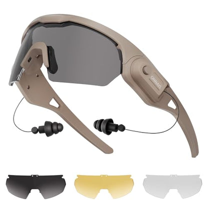 ONNAIS Shooting Glasses with Earplugs - ANSI Z87.1+ Safety Glasses with Detachable NRR 32dB Earplugs, Gifts for Men and Women - color: Khaki