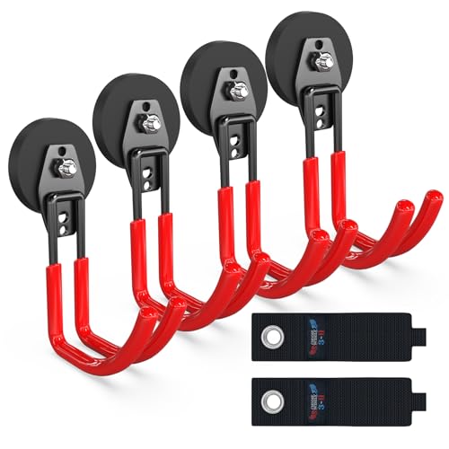 3-H Extra Strong Magnetic Hooks,Heavy Duty Large Anti-Slip Magnet Hooks J Shape,No-Drill Tool Holder for Garage,Power Drill,Garden Tools,Hose Storage,4 Pack Red - color: Red, size: 2.6"x4-MJ