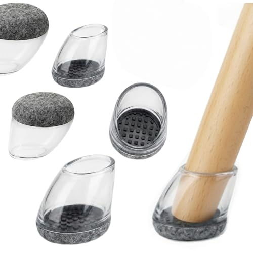 Angled Chair Leg Floor Protectors for Hardwood Floors Felt Bottom Silicone Caps Furniture Pad for Slanted/Tapered Leg - Clear Round Chair Glide to Prevent Scratche & Noise 16 Pack, M (Fit 0.75"-1.04") - color: Round - Clear+gray Felt, size: M - 16 Pack