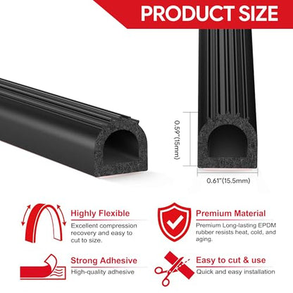 UIOCSSC EPDM Rubber D-Shaped Weather Stripping 26FT RV Door Seal with Strong Self Adhesive, Trailer & Truck Bed Seal, Tonneau Cover, Marine Boat Hatch Gasket, W:0.59"; H:0.61"