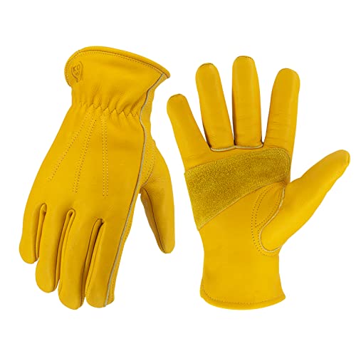 Leather Work Gloves for Men & Women, Reinforced Durable Gardening Gloves,Cowhide Work Gloves,Puncture & Cut Resistant - color: Golden, size: Large