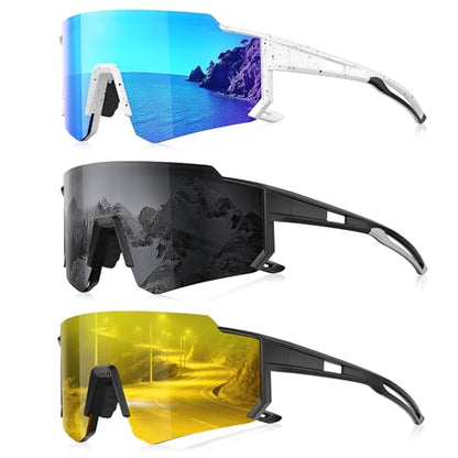 3 Pack Polarized Sunglasses for Men Women, Sports Mens Sunglasses with UV Protection for Baseball Cycling Running - color: B03-ice Blue/Gray/Yellow