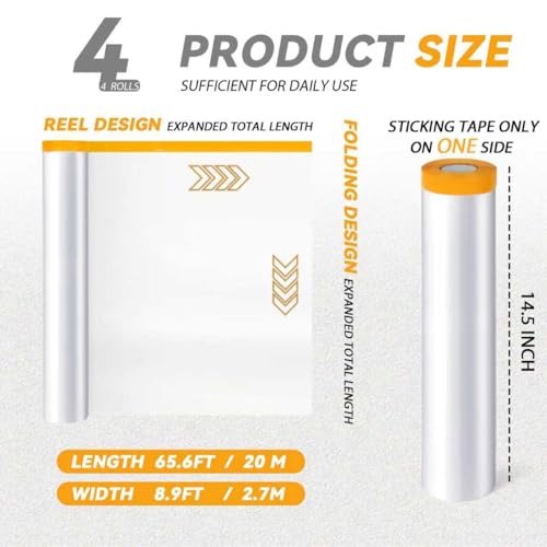 4 Rolls 8.9 x 65.6 Feet Pre-Taped Masking Film, Tape and Drape Drop Cloth, Plastic Sheeting Drop Cloth for Painting, Automotive Covering and Appliance Protection (8.9 x 65.6 Feet) - size: 8.9 x 65.6 Feet