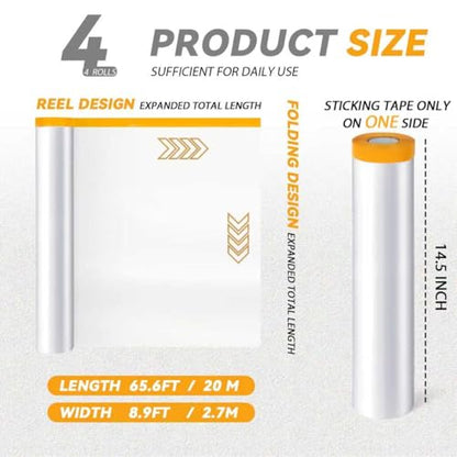 4 Rolls 8.9 x 65.6 Feet Pre-Taped Masking Film, Tape and Drape Drop Cloth, Plastic Sheeting Drop Cloth for Painting, Automotive Covering and Appliance Protection (8.9 x 65.6 Feet) - size: 8.9 x 65.6 Feet