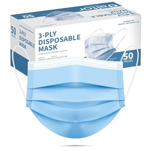 50pcs Blue Disposable Face Mask for Adults Women Men, 3-Ply Solid Blue Breathable Earloop Full Face Protection