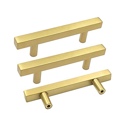 Goldenwarm 25 Pack Gold Cabinet Handles 3-1/2"(90mm) Brushed Brass Cabinet Pulls T Bar Drawer Pulls for Kitchen Cupboard & Drawer Hardware - color: Gold, size: 3-1/2 Inch Hole Center