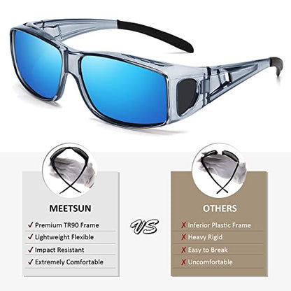 MEETSUN Fit Over Glasses Sunglasses for Men Women,Wrap Around Sunglasses Polarized UV400 Protection - color: (Z1)clear Gray Frame-blue Mirror Lens