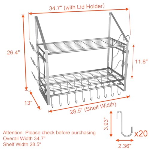 VyGrow 28 Inch Pot Rack Wall Mounted, 2 Tier Pots and Pans Organizer with 20 Hooks and 6 Pot Lid Holders, Heavy Duty Steel Pot and Pan Hanger for Kitchen Cookware Utensils Storage, Silver - color: 28"W 2 Tier Silver