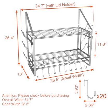 VyGrow 28 Inch Pot Rack Wall Mounted, 2 Tier Pots and Pans Organizer with 20 Hooks and 6 Pot Lid Holders, Heavy Duty Steel Pot and Pan Hanger for Kitchen Cookware Utensils Storage, Silver - color: 28"W 2 Tier Silver