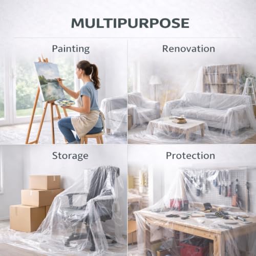 GREEN LIFESTYLE Plastic Drop Cloths for Painting 12 x 9 ft [6 Pack] – Waterproof Paint Drop Cloth, Plastic Sheets Floor Cover, Disposable Tarp for Furniture Protection, Remodeling and Moving - size: Plastic Drop 9x12