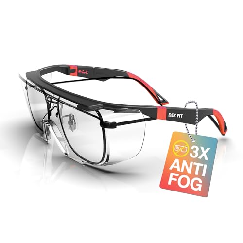 DEX FIT Safety Glasses Over Eyeglasses SG210N - Anti-Fog & Scratch Resistant Z87.1 Certified, Adjustable Temples, Side Shields, UV Protection, Clear Lens PPE for Men & Women; Black & Red, 1 PC - color: Black/Red - Clear, size: 1 PC