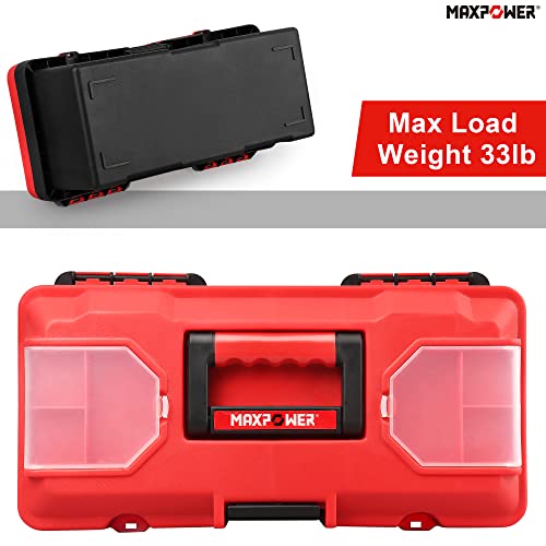 MAXPOWER Small Tool Box, 14-inch Plastic Tool Boxes with Handle, Removable Tray with Dual Lock Secured, Red Toolbox for Home - style: 14" red