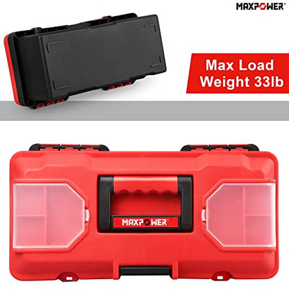 MAXPOWER Small Tool Box, 14-inch Plastic Tool Boxes with Handle, Removable Tray with Dual Lock Secured, Red Toolbox for Home - style: 14" red