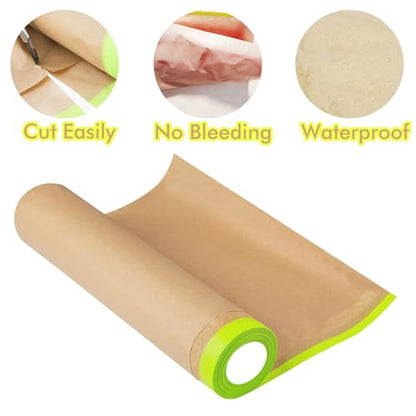 Amonk Pre-Taped Masking Paper for Painting 24in x 50Ft Paint Masking Paper with Adhesive Tape and Drape Painters Paper Roll for Automotive Furniture Wall Protection(2 Rolls)