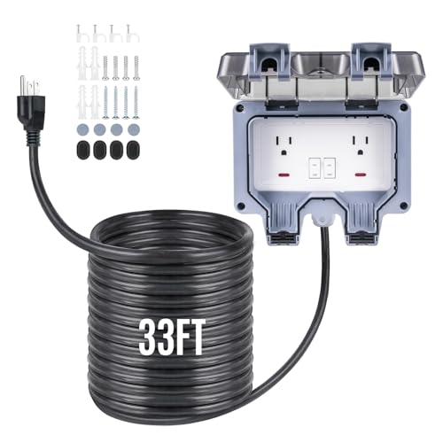 Outdoor Power Outlet 15A 110V with 10/20/33ft Extension Cord IP66 Waterproof, IK08 & UL1363-2018 Certified Outdoor Outlet Extender for Garden Garage Patio (33FT) - color: White, size: 33ft