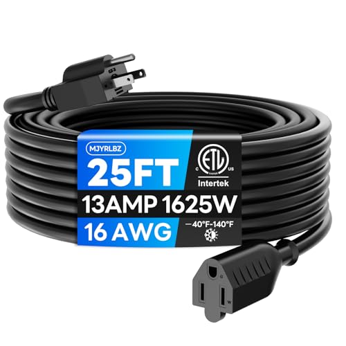 25 FT Indoor Outdoor Extension Cord - Heavy Duty 16/3 Gauge, Waterproof Weather Resistant, 3 Prong, 13A 1625W SJTW, ETL Listed - Perfect for Holiday Lights, Lawn Care, and Power Tools - size: 25FT