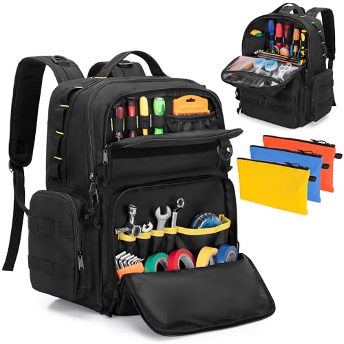 Rexmica Tool Bag Backpack for Men with 3 Tool Pouches, Heavy-Duty Tool Storage Organizer Bag with Padded Shoulder & Waist Support, Tactical Work Tool Bag for Electrician, Repairman, HVAC Techs, Black - color: Black