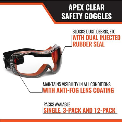 Malta Dynamics APEX Safety Goggles - ANSI Z87 Fog Resistant Safety Goggles for Construction, Anti Scratch Protective Eyewear - color: Clear, size: 12 Pack