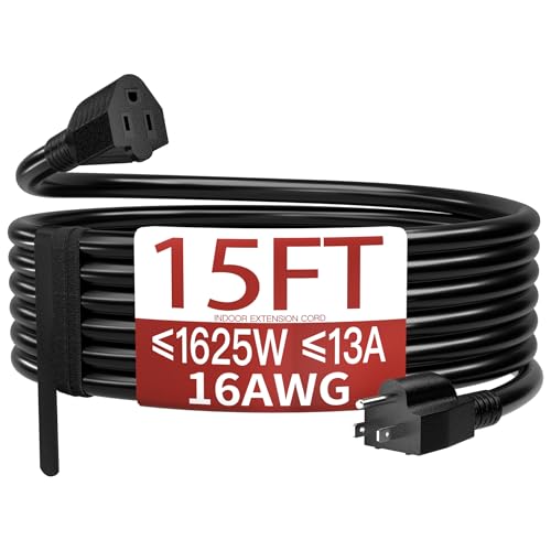 16/3 Indoor Extension Cord 15 FT, Black Extension Cord Flexible & Durable, 3 Prong Power Cable, Suitable for Home and Office, 13 Amp 1625 Watt 125VAC 16AWG, ETL Listed - color: Black, size: 15FT, style: 16AWG INDOOR