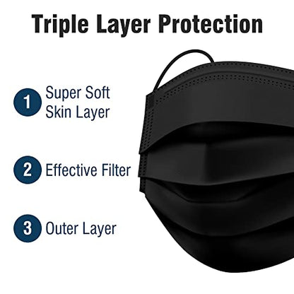 WECARE Disposable Face Mask Individually Wrapped - 50 Pack, Printed Masks - 3 Ply - color: Jet Black