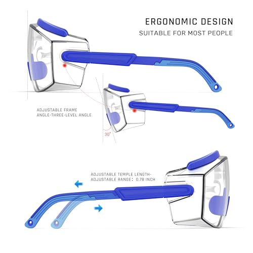 Anti Fog Safety Glasses Safety Goggles Over Glasses Protective Glasses with Anti Scratch Lenses Adjustable - color: Blue