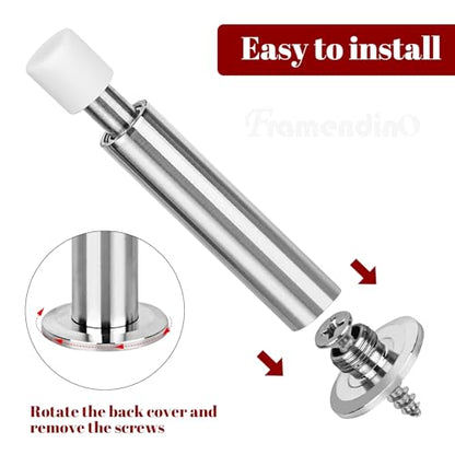 Framendino, 2 Pack Metal Spring Door Stoppers for Wall 4.4 Inch Stops Mounted Doorstop Holder with Rubber Tips Silver