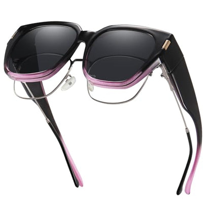 HAOLOTA Polarized Fit Over Glasses Sunglasses for Women Men Trendy Square Wrap Around Shades UV Protection - color: L Size 12 Black-purple/Grey