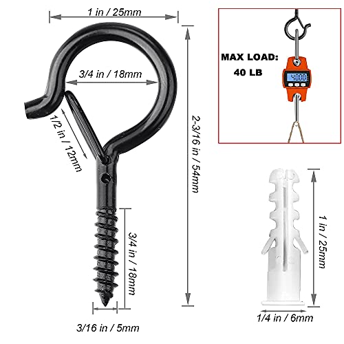 PlusRoc 20 Pack Outdoor Screw Hooks for Hanging Plants String Lights Heavy Duty, 2.2 Inch Eye Hook Screw in Cup Hooks Q-Hanger for Patio Lights, Ceiling Wall Wood Fence Deck Mount(Black) - color: Black