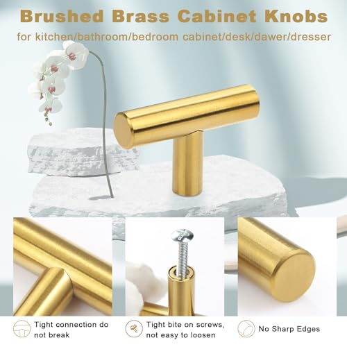 Estmoon 30 Pack Brushed Brass Cabinet Knobs Gold Drawer Pulls Stainless Steel Brushed Gold Dresser Knobs for Cabinets Cupboard Bathroom Kitchen Hardware, Single Hole T Bar Pulls, 2in Overall Length - color: Brushed Brass, size: 1 Hole Mount, style: Knob 3