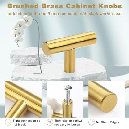 Estmoon 30 Pack Brushed Brass Cabinet Knobs Gold Drawer Pulls Stainless Steel Brushed Gold Dresser Knobs for Cabinets Cupboard Bathroom Kitchen Hardware, Single Hole T Bar Pulls, 2in Overall Length - color: Brushed Brass, size: 1 Hole Mount, style: Knob 3