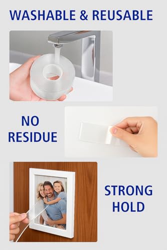 Heavy Duty Double Sided Mounting Tape - 10ft Clear Removable Adhesive Strips for Wall Pictures Decor - Damage Free Reusable Nano Technology