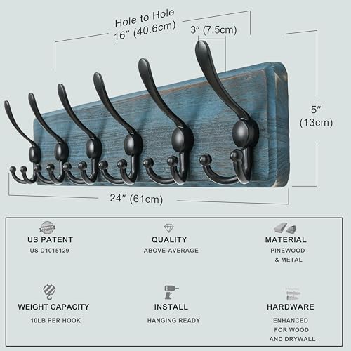Dseap Coat Rack Wall Mounted - 24" Long 6 Tri Hooks, Heavy Duty Wooden Wall Coat Hanger Coat Hook for Clothes Hat Jacket Clothing, Weathered Blue and Black, Pack of 2 - color: Weathered Blue & Black, size: L=24"